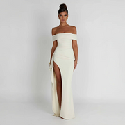 Maxikleid für Damen mit schulterfreiem Ausschnitt und Seitenschlitz – Weiß
