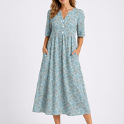 Rosalie | Damen Blumenkleid Midi mit V-Ausschnitt – Blau