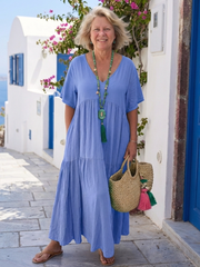Rosemarie | Damen Stufenkleid Maxikleid mit Kurzarm – Blau