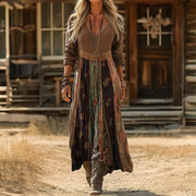 Rosmarie | Damen Boho Patchwork Langarm Maxikleid – Braun