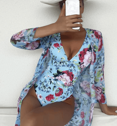 Einteiliger Badeanzug mit Blumenmuster und langärmligem Cover-Up