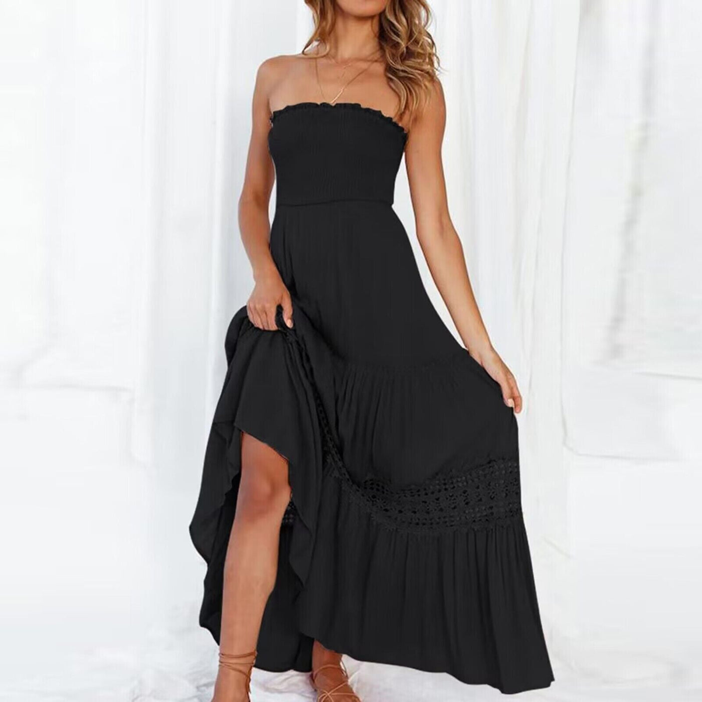Off-Shoulder Maxi-Kleid mit Spitzen Details – Isaline
