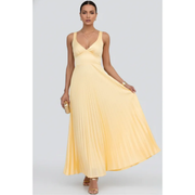 Samira | Damen Gelb Maxikleid Für Abend Mit V Ausschnitt Und Plissee – Gelb