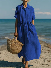 Saskia | Damen Hemdblusenkleid Maxikleid mit Knöpfen – Blau