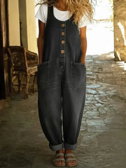 Lena | Damen Jeans Latzhose Locker Vintage Knöpfe Overall – Schwarz