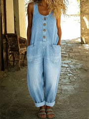 Lena | Damen Jeans Latzhose Locker Vintage Knöpfe Overall – Hellblau