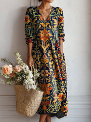 Damen Boho V-Ausschnitt Blumen Midikleid – Lässiges Sommer Komfortkleid – Blumen (fast ausverkauft)