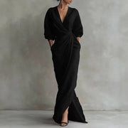 Solange | Damen V-Ausschnitt Langarm Wickelkleid – Schwarz