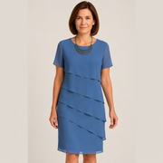 Sommerkleid für Damen – Einfaches Chiffonkleid mit Rundhalsausschnitt – Blau