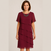 Sommerkleid für Damen – Einfaches Chiffonkleid mit Rundhalsausschnitt – Weinrot