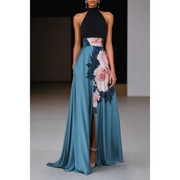 Sorella | Damen Maxi Kleid Für Hochzeitsgast Blumenmuster Schlitz – Schwarz