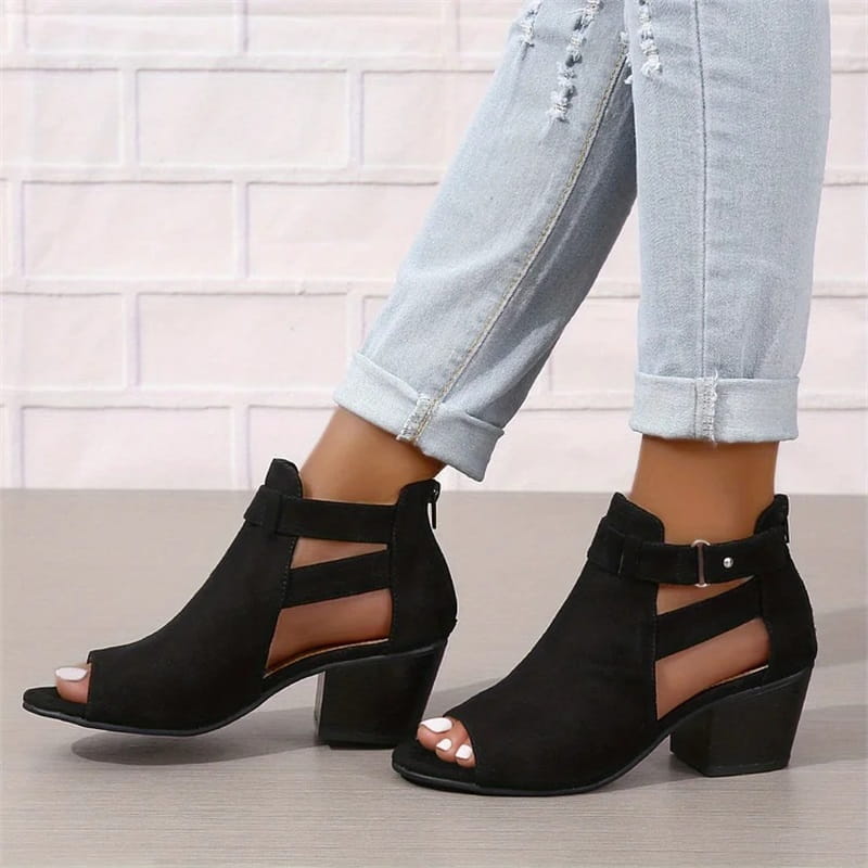 Stiefeletten mit Cut-Outs | Blockabsatz | Offene Zehenpartie