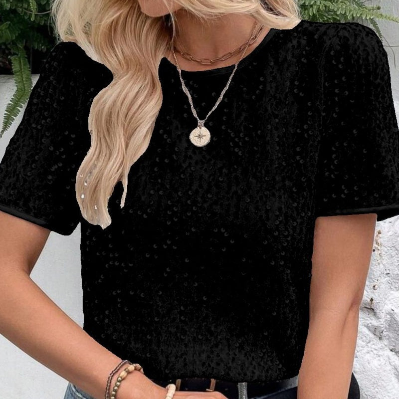 Paillettenshirt mit Rundhalsausschnitt | Kurzarm | Glanzvoller Look