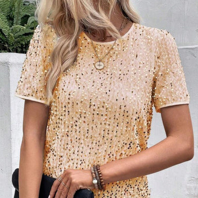 Paillettenshirt mit Rundhalsausschnitt | Kurzarm | Glanzvoller Look