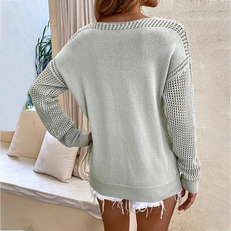 Strickpullover mit Häkelärmeln | V-Ausschnitt | Lässige Eleganz