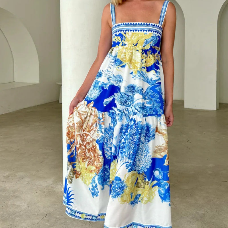 Maxikleid mit Spaghettiträgern | Blumenmuster | Luftige Weite