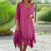 Clara | Damen Kleid Midi 3/4-Arm Lagenlook Asymmetrisch – Rosa