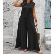 Junlia | Ärmelloser Ripp-Jumpsuit mit weitem Bein und Taschen – Schwarz