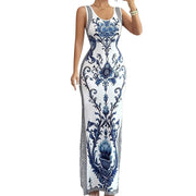 Marcella - Maxikleid mit Porzellan-Print und seitlichem Schlitz – Blau
