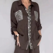 Oriavelle - Luxuriöser Pailletten-Zweiteiler: Bluse & Hose – Braun