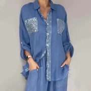 Oriavelle - Luxuriöser Pailletten-Zweiteiler: Bluse & Hose – Blau