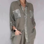 Oriavelle - Luxuriöser Pailletten-Zweiteiler: Bluse & Hose – Grau