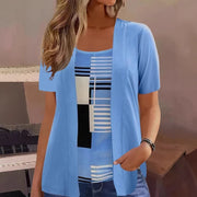 Celiora - Moderner bedruckter Zweiteiler aus Cardigan und Bluse – Blau