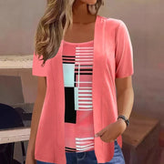 Celiora - Moderner bedruckter Zweiteiler aus Cardigan und Bluse – Rosa