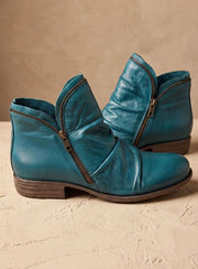 Katharina | Stiefeletten Damen Gefältelte Leder-Optik Reißverschluss Ankle Boots – Blau