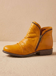 Katharina | Stiefeletten Damen Gefältelte Leder-Optik Reißverschluss Ankle Boots – Gelb