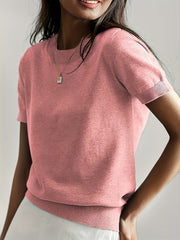 Sunniva | Damen Kurzarm Strickpullover Rundhals – Rosa