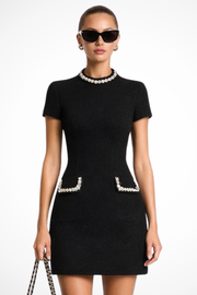Thea | Damen Perlenbesatz Minikleid – Schwarz