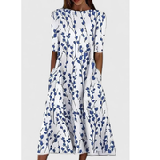 Tia | Damen Baumwoll Midikleid Mit Blumenmuster – Blau