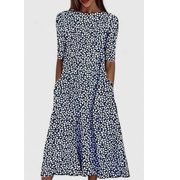 Tia | Damen Baumwoll Midikleid Mit Blumenmuster – Dunkelblau