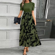 Aria | Damen Maxi-Kleid Puffärmel Blumendruck Bindegürtel – Olivenblatt Schwarz