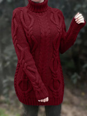 Wendeline | Damen Langer Zopfmuster Rollkragen Strickpullover – Rot