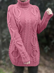 Wendeline | Damen Langer Zopfmuster Rollkragen Strickpullover – Rosa