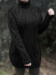 Wendeline | Damen Langer Zopfmuster Rollkragen Strickpullover – Schwarz
