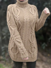 Wendeline | Damen Langer Zopfmuster Rollkragen Strickpullover – Beige