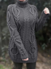 Wendeline | Damen Langer Zopfmuster Rollkragen Strickpullover – Grau