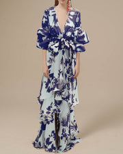 Willa | Damen Blumen Wickelkleid Maxi – Blau