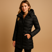 Wiltrud | Damen Steppjacke Mittellang mit Kapuze – Schwarz
