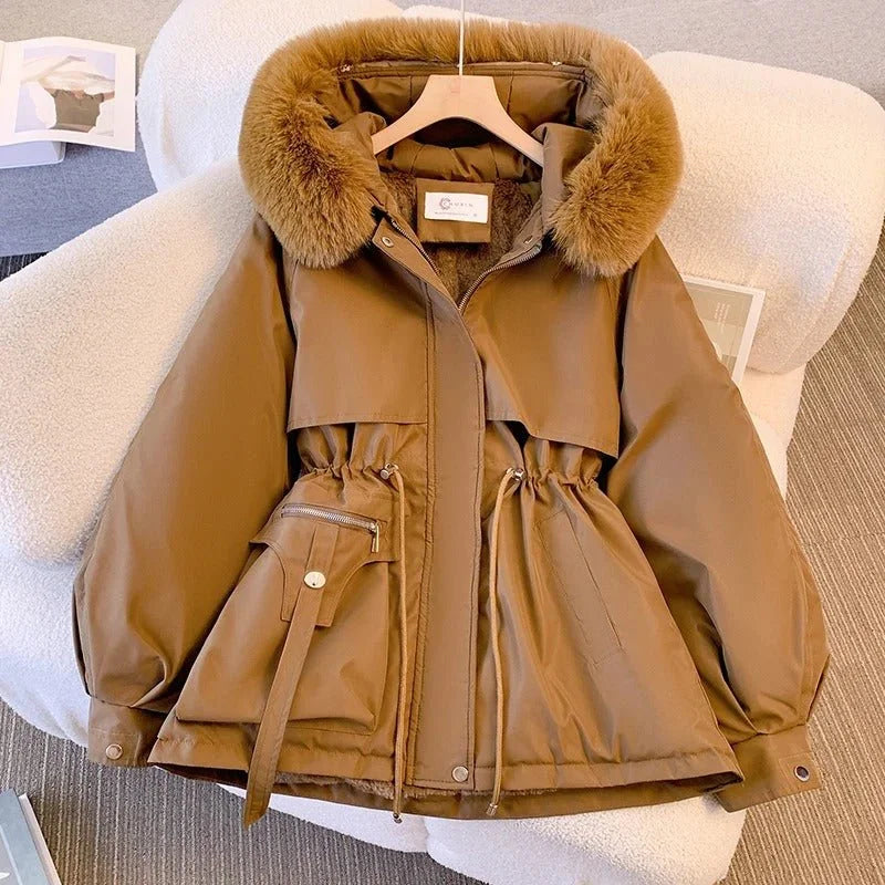 Damen Winterparka mit Kunstfell Kapuze und verstellbarer Taille