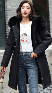 Nora | Wollmantel Damen Langer Parka Kapuze Kunstpelzkragen Wintermantel – Schwarz