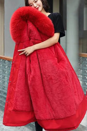 Nora | Wollmantel Damen Langer Parka Kapuze Kunstpelzkragen Wintermantel – Rot