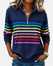 Corinelle - Gestreiftes Soft-Touch-Half-Zip-Sweatshirt – Marineblau