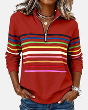 Corinelle - Gestreiftes Soft-Touch-Half-Zip-Sweatshirt – Rot