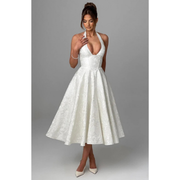 Yara | Damen Midi Kleid Für Hochzeitsgast Neckholder Stil – Weiß