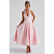 Yara | Damen Midi Kleid Für Hochzeitsgast Neckholder Stil – Rosa