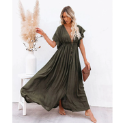 Yelena | Damen Modernes Sommerkleid Maxi Boho Stilvoll – Armeegrün
